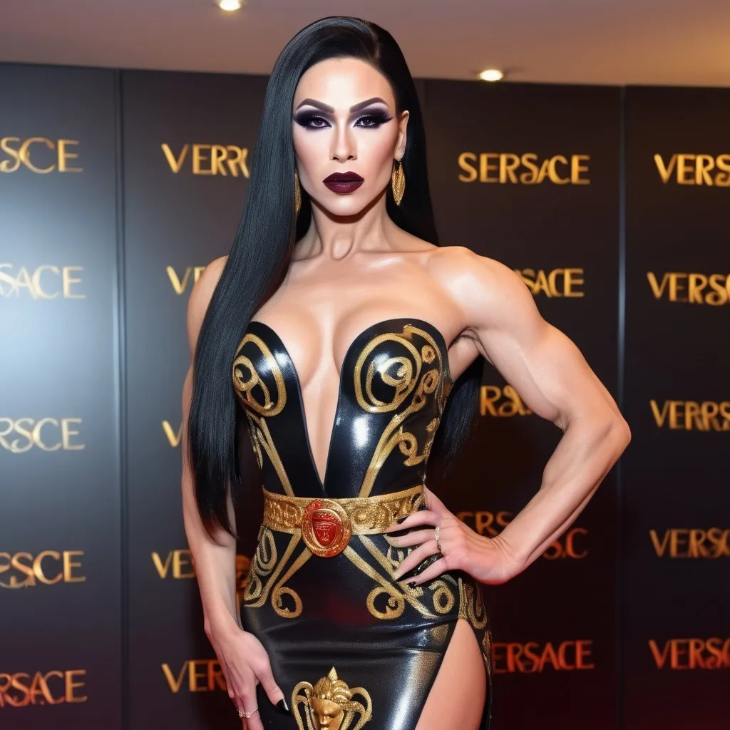 Prompt: Gorgeous elegant muscular 25-year-old drag queen with long straight shiny black hair, wearing a beautiful Versace designed dress and 8 inch stiletto high heel shoes,  dark smokey eye shadow, Dark red lipstick.  Walking the red carpet.