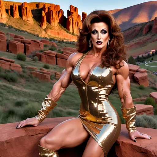 Prompt: Sylvester Stallone transformed into A gorgeous muscular 35-year-old British drag queen bodybuilder with large busom, dark eye makeup, dark lipstick, a long curly dark blonde hair, wearing an asymmetrical gold sequined gown, and 8 inch platform stiletto high heel knee-high boots, Colorado Red Rocks at sundown in the background. 