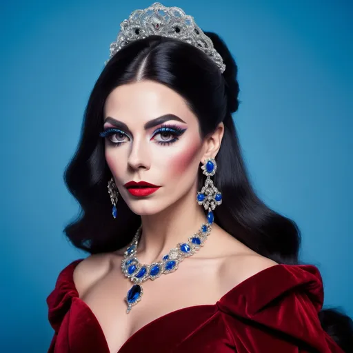 Prompt: a British drag queen (with very strong masculine jawline and brow facial features) with long shiny black hair wearing red velvet dress and earrings, posing for a picture with a blue background, Elina Karimova, rococo, elegance,  photorealistic