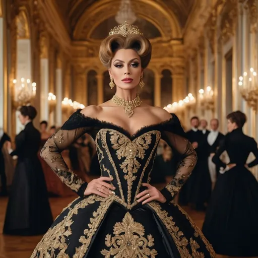 Prompt: A stunning ballroom scene in a grand 19th-century Russian palace, featuring a breathtakingly gorgeous muscular 35-year-old Russian drag queen bodybuilder in the center as Anna Karenina from the 1997 film. She wears an elegant, intricately detailed black and gold ball gown with delicate lace and a luxurious full skirt, embodying grace and nobility. Her hair is styled in an exquisite updo, adorned with pearls and jeweled accessories. Around her, aristocratic guests in opulent period attire gaze in admiration and awe, enchanted by her beauty and elegance. The ballroom is illuminated by grand chandeliers, casting a warm golden glow over the polished marble floors and elaborately decorated walls. The scene is captured in a classic cinematic style, evoking the romantic and dramatic essence of vintage film aesthetics.