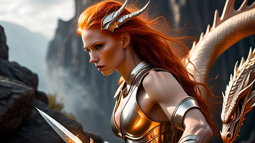 Prompt: Gorgeous 25-year-old muscular warrior goddess, with long flaming red hair, mythical Excalibur and golden armor, slaying a beautiful,  fierce albino dragon.