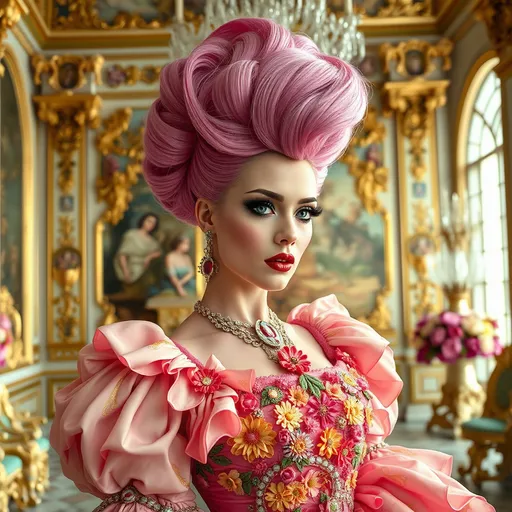 Prompt: Annalena Baerbock in Rokoko Style, the main subject is a gorgeous ultra-muscular 25-year-old Danish drag queen bodybuilder, She is seen in an opulent, Rococo-inspired mood painted by a blend of Artgerm and Rubens, breathtaking pink rokoko updo hair, wearing an elaborate dress in vibrant spring colors. She is made up with dark eyeshadow and dark red lipstick. The dress is rich in architectural details and voluminous, adding to the grandeur of the image. This portrayal is showcasing her in an indoor palace setting. The background is teeming with an abundance of intricate and ornate elements, further accentuating the luxurious ambiance. The description aims to convey the exceptional quality of the image, capturing the viewer's attention through its extraordinary attention to detail and the lavishness it exudes.