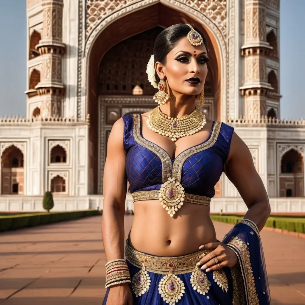 Prompt: In 1670's a gorgeous, very muscular 35-year-old Indian drag queen bodybuilder (with strong masculine facial features, dark lipstick, large busom) standing majestically in front of the Taj Mahal, wearing an opulent and elaborate traditional Indian royal dress adorned with intricate gold embroidery and sparkling jewels. She exudes grace and power, with a serene yet commanding expression that captures the admiration of the gathered crowd. The scene is composed with expert artistry, featuring dramatic lighting that highlights the rich textures of her attire and the architectural beauty of the Taj Mahal. The composition should feel like a professional artistic photograph, with meticulous attention to details in posture, facial expression, and the interplay of light and shadow, creating an atmosphere of regal elegance and reverence.