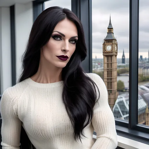 Prompt: Gorgeous muscular 35-year-old French crossdresser with strong masculine jawline,  very long black hair, dark eyeshadow, and dark lipstick, in the CAD office wearing a white chenille knitted sweater, next to the window with London city and Big Ben view