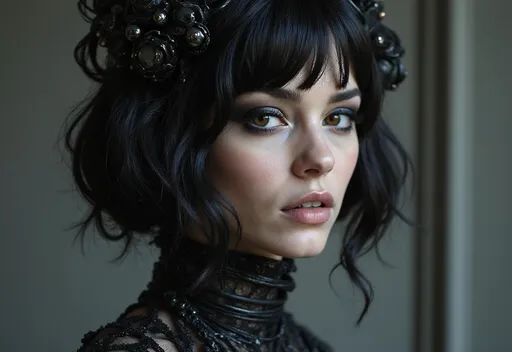 Prompt: Unleashing the power of cybernetic sci-fi with ornate gothic details and intricate minimalism, this woman in black with fake hair and metalwork jewelry is an eye-catching masterpiece of eerily realistic beauty.