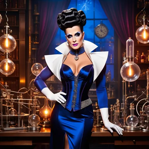 Prompt: Dr. Frankenstein creates a gorgeous, muscular, elegant, classy drag queen. Dressed in a conservative, yet alluring outfit.