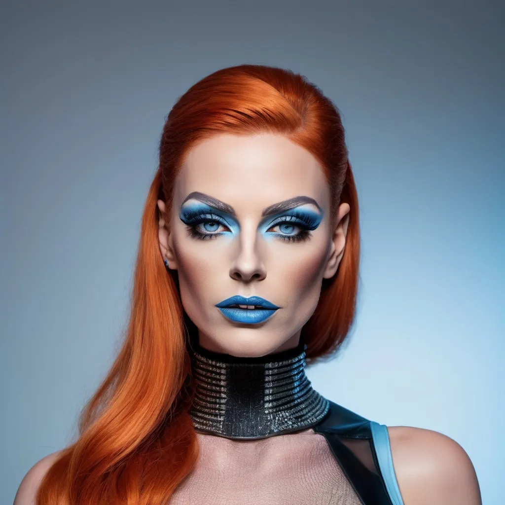 Prompt: A gorgeous 35-year-old German drag queen visible upper body and thighs, featuring a mix of human and robotic elements. Her (masculine jawline and brow) facial details are sharp, with a neutral expression and blue eyes. She has dark eyeshadow and dark red lipstick. She has long, straight orange hair that partially covers her face. She is wearing a light blue, fitted bodysuit with metallic, robotic arms and legs that show mechanical joints and components and 8 inch stiletto heels. The suit has signs of wear, including blemishes and scratches. Her pose is dynamic, with one leg raised and an arm resting against a structure. Exposed skin is visible at the upper thighs. The background is a muted, industrial setting with a cloudy atmosphere. The mood is serious, and the lighting is soft, contributing to a cool and futuristic ambiance.