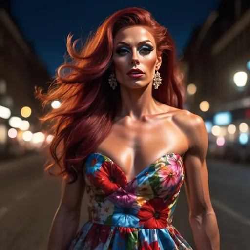 Prompt: epic masterpiece, Hyperrealistic, full body close up at night with (hyper detailed:1.5), gorgeous muscular 25-year-old Danish drag queen model, masculine jawline and brow, with big chest, long dark red hair ((blowing in the wind)), Insanely detailed, blushing lightly, wearing colorful flower summer dress, neckline to the belly, dress covers shoulders, coverd shoulders, surrounded by high cliffs covered in shadows, breathtaking starry night sky, galaxies, nebula,

8k photo, HDR, masterpiece, fine details, natural beauty, breathtaking, captivating, fine details, sharp, very detailed, high resolution, close up, taken with a Hasselblad H6D-100c, Hasselblad Zeiss Sonnar F 150mm f/2.8 lens, Godox SK400II Professional Compact 400Ws Studio Flash, sharp focus, fine details, 5 flash set up, Ring light for catchlight eyes, Award winning photography, pro lighting, realistic, realism 