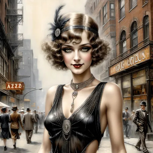 Prompt: Hyper-realistic full body height digital painting by Luis Royo:: (young pretty content) 1920s flapper Czechian drag queen, short curly hair, highly detailed facial features, bright expressive eyes and a coy subtle smiling expression, wearing fashionable clothing, walking through the streets of a Jazz district in Chicago in 1925:: 8k resolution, incredible details, a masterpiece, photorealistic