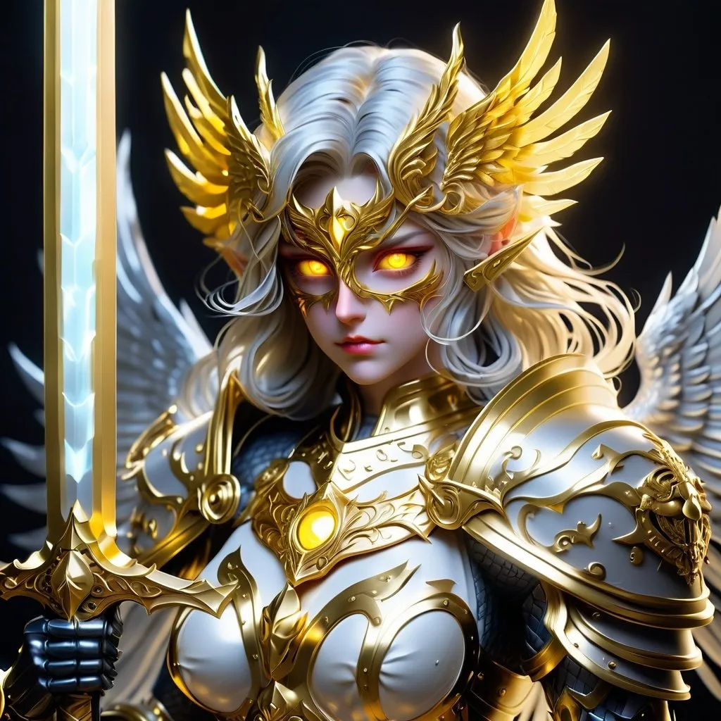 Prompt: DnD style Aasimar with golden mask, sword, and shield, glowing golden eyes, intricate gold details, high quality, fantasy, detailed armor, radiant lighting, heroic pose, divine aura, female, Full Mask