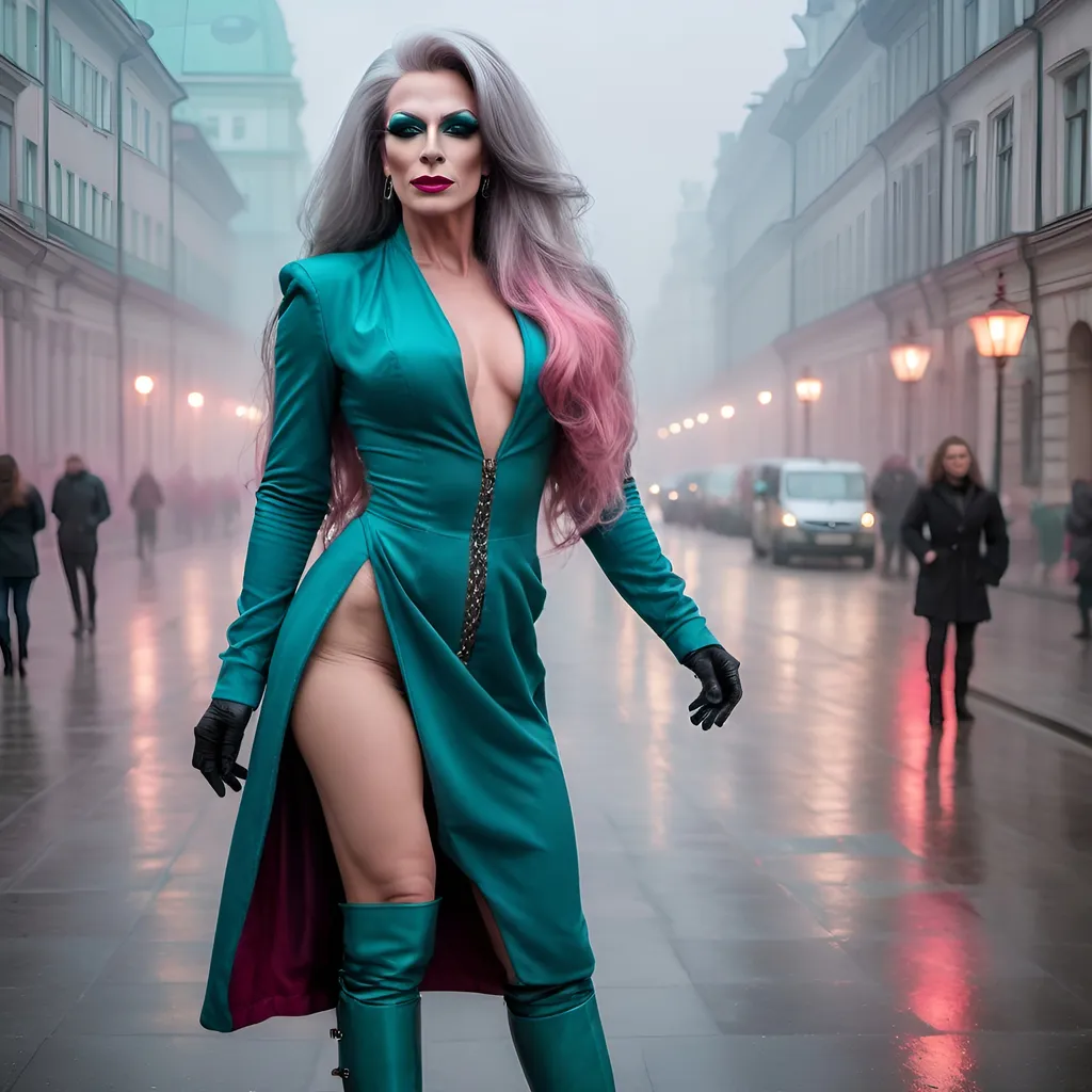 Prompt: Mysterious, gorgeous, muscular, 45-year-old well endowed Polish drag queen (strong masculine jawline and brow features) with long gray pink stylish hair, dark eyeshadow,  and dark red lipstick, wearing a beautiful teal outfit and 8 inch stiletto red thigh-high stiletto high heel boots, walking the streets of Warsaw on a foggy evening.