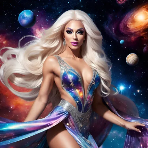 Prompt: Exquisite, sparkling gorgeous 25-year-old Bulgarian drag queen with muscular physique and long platinum blonde, falling through space, revealing flowing dress, incredible body form, beautiful face, nebulae, stars, planets, detailed, highres, glowing, surreal, fantasy, colorful, cosmic, celestial, goddess, flowing, ethereal, detailed, vibrant, heavenly, art nouveau, luminous, graceful, vivid, space opera, best quality