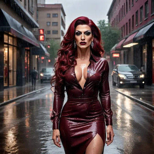 Prompt: photorealistic, (highly realistic) portrayal of a gorgeous muscular 35-year-old Turkish drag queen (strong masculine jawline and brow features) with long luscious wavy dark red hair, wearing a stylish men's shirt as a dress, elegant high heels, dark eyeshadow,  and dark red lipstick, standing confidently on a wet, glistening street after rain, with puddles reflecting streetlights, soft atmospheric glow, (moody), gently falling raindrops, urban ambiance, striking pose, captivating expression, rich colors, (ultra-detailed), nighttime cityscape background.