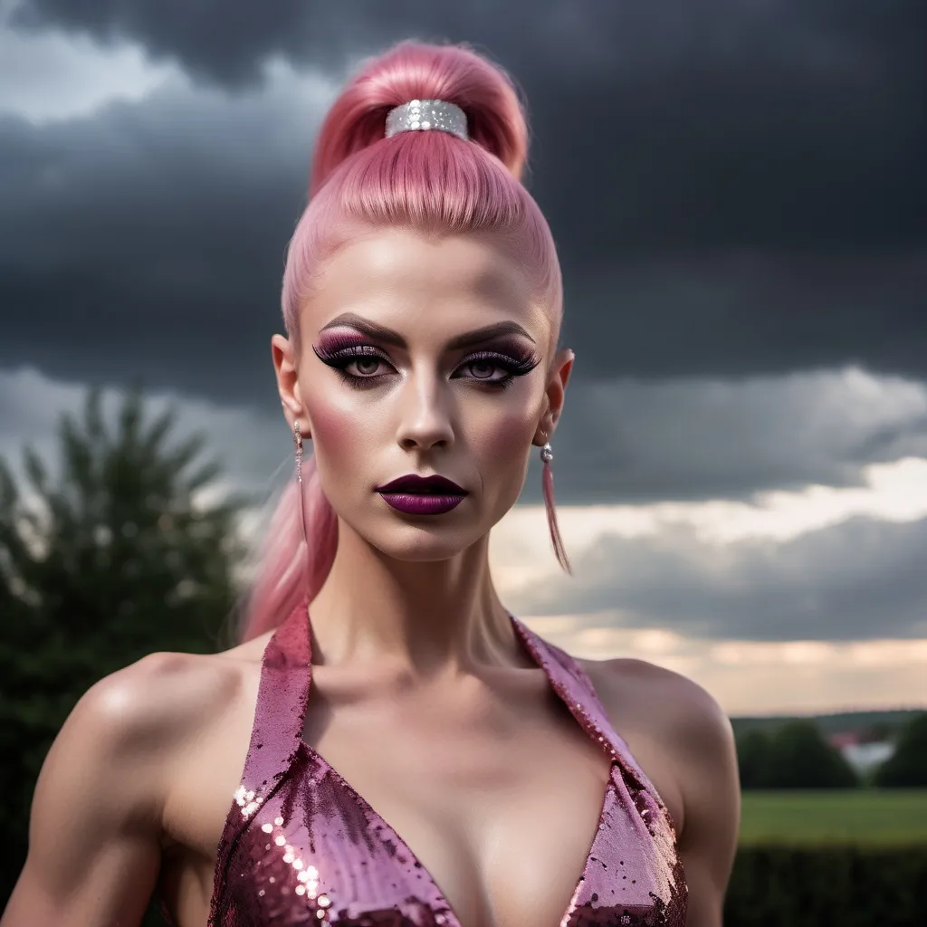 Prompt: Gorgeous muscular 25-year-old Czechian drag queen with pink high tight ponytail, dark eyeshadow and dark lipstick, flowing sequined party dress, romantic outdoor setting, dramatic sky, An ultra-realistic photograph captured with a Sony α7 III camera, equipped with an 85mm lens at F 1.2 aperture setting,  The image, shot in high resolution and a 16:9 aspect ratio, captures the subject’s natural beauty and personality with stunning realism –ar 16:9 –v 5.2 –style raw