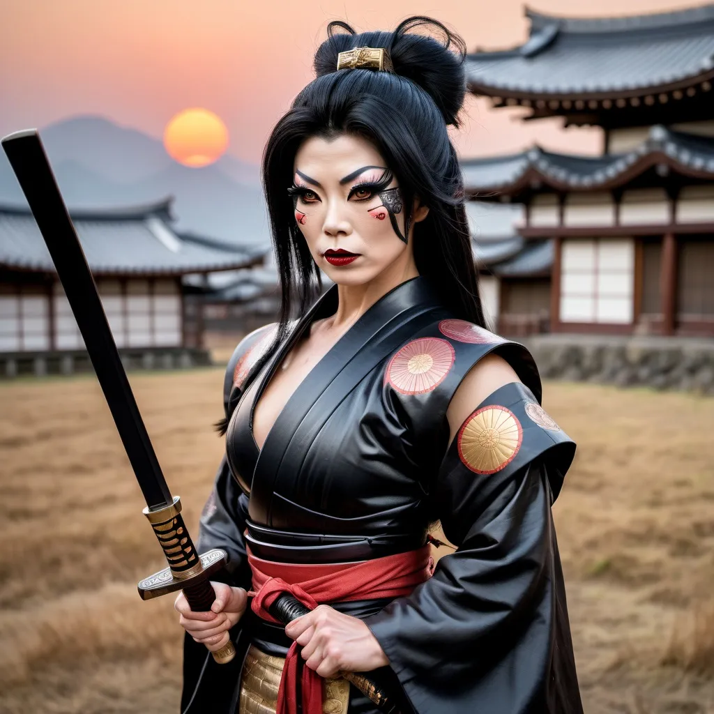 Prompt: A gorgeous muscular 35-year-old Japanese drag queen Samurai (dark eye makeup, dark lipstick, big busom, and dark black hair) wearing a traditional ancient Samurai Yorkie and holding a katana in each hand in a battle stance. 13th century Japan at sunset.