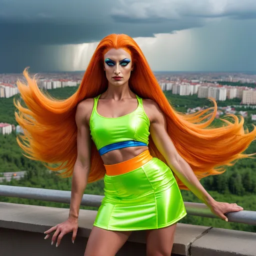 Prompt: Rodney Dangerfield dressed up as a Gorgeous ultra-muscular 25-year-old Romania drag queen bodybuilder with ridiculously long straight shiny dark orange hair (blowing  in  the  wind) in colorful neon yellow and neon green mini-skirt, highly detailed face with sharply detailed blue eyes, UHD, volumetric lighting, standing on a bluff, distant storm approaching Moscow, futuristic fashion, detailed hair, elegant pose, cityscape, urban, intense gaze, highres, ultra-detailed, glamorous, fashion, atmospheric lighting, modern