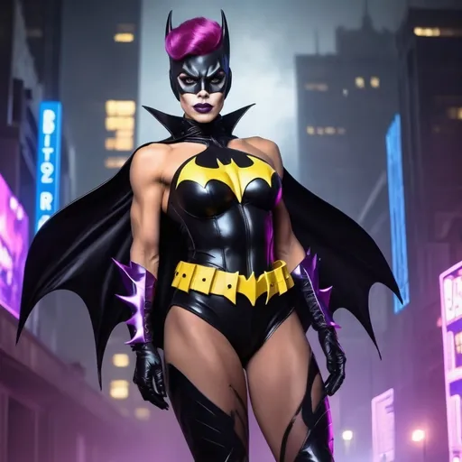 Prompt: Gorgeous muscular cyberpunk drag queen batgirl, great legs, crystal high heels,  dark lipstick.