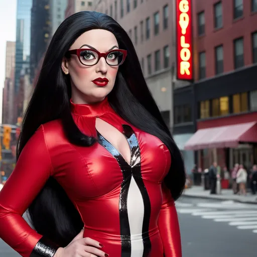 Prompt: (Location New York City) Peter Griffin dressed as an hyper-realistic 25-year-old gorgeous drag queen with very long black shiny hair, dark eye makeup, 
and dark red lipstick, wearing Red framed horn rimmed glasses with bright reflections on the lenses, and red and black layered blouse and skirt. using only black, red, and white.  8 inch stiletto high heel shoes. Walking the streets of NYC in a snow storm.