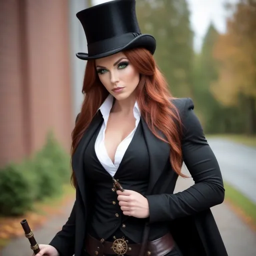 Prompt: A gorgeous ultra-muscular 25-year-old Finnish goddess bodybuilder with huge busom wearing a long black coat, with a black waistcoat and a white shirt, unbuttoned at the top . She's wearing a slightly crumpled top hat and has ridiculously long auburn hair. She carries a walking cane with a red crystal, round handle. She has green eyes. In the style of gothic & steam punk. She is about 25 years old. wearing a heavy, black coat, black pants, and 8 inch high heel shoes. Composition focus on legs and full-body. 