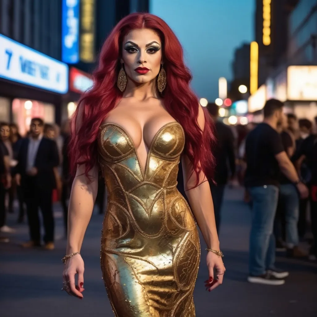 Prompt: 64k Hi-res digital detailed full-body photograph of A gorgeous muscular 25-year-old Romanian drag queen bodybuiler with extremely long wavy dark red hair wearing a very detailed golden Valentino Dress and 8 inch stiletto high heel shoes at a movie premiere at night.