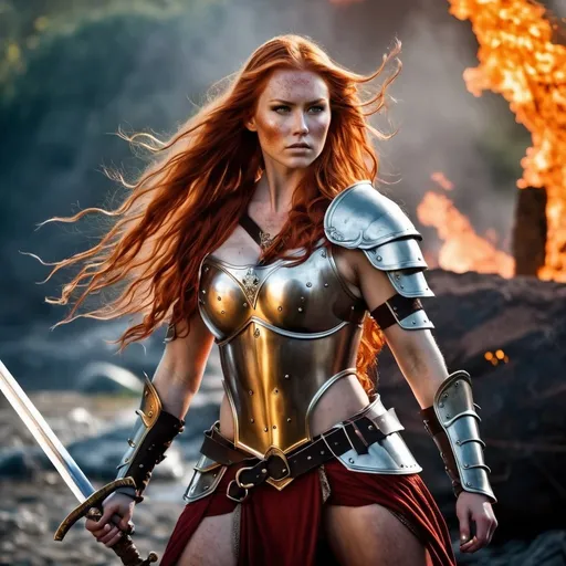 Prompt: Gorgeous ultra-muscular 25-year-old Finnish goddess with huge busom and ridiculously long wavy fiery red hair, dressed as a warrior princess in complete bronze armor and a gleeming steel longsword in the midst of a bloody and fiery battle.