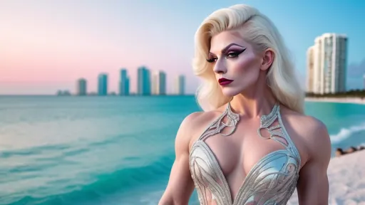 Prompt: (ultra-detailed) image of a Gorgeous ultra-muscular 25-year-old caucasian American drag queen bodybuilder with very long professionally styled platinum blonde wearing a very delicate dress by Valentino, dark eyeshadow and dark red lipstick, set against a picturesque backdrop of Miami Beach, pastel color palette, soft and elegant textures, warm ambient lighting, romantic atmosphere, ornate architecture in the background, gentle shadows playing across the fabric, high fashion elegance, sophisticated vibe, capturing the essence of luxury and artistry, enchanting scenery, dreamy aesthetic.