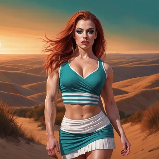 Prompt: digital painting , (gorgeous muscular 25-year-old Polish drag queen bodybuilder in a teal striped shirt)(horizontal stripes ,teal and white) and (white wrap pleated miniskirt ) (striking outfit),(long dark red hair, pale skin), intricate details, sandy background, rolling hills, sunset sky featuring hues reminiscent of sand, , soft lighting enhancing the scene, (high-quality) (4K), emphasizing contrast between her vibrant attire and the tranquil natural setting, highlighting her presence against the picturesque landscape , 