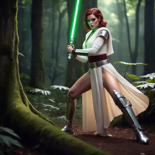 Prompt: Young muscular drag queen Jedi with dark red hair, photorealistic full-body image, wearing regal jewelry, white armor and laced up stoletto heel sandals, training with her lightsaber while using the Force, holding the lightsaber raised up in front of her defensively in a crouching stance, in a lush forest with an ancient Jedi temple in background, mystical ambiance, soft beams of moonlight filtering through the trees, serene yet intense atmosphere, glowing green colored lightsaber, cinematic depth, high quality, 4K, ultra-detailed, immersive fantasy environment, rich textures.