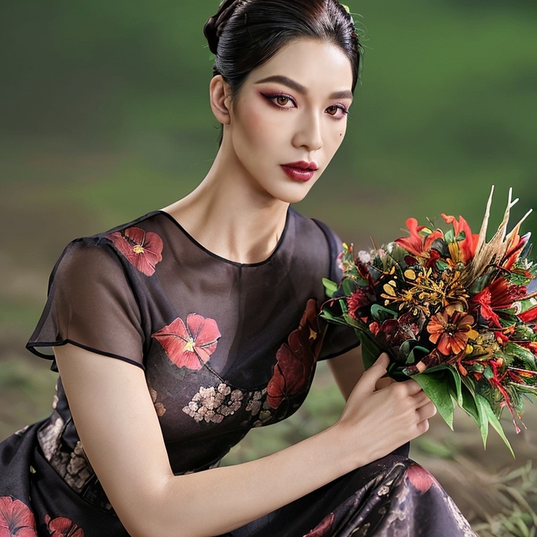 Prompt: award-winning full-length portrait of a gorgeous muscular drag queen (strong masculine jawline and facial features) with dark red updo hair, dark eyeshadow,  and dark lipstick, chic floral dress, outdoors, dainty bouquet of wildflowers, high-quality, oil painting, detailed floral patterns, serene atmosphere, elegant, natural lighting