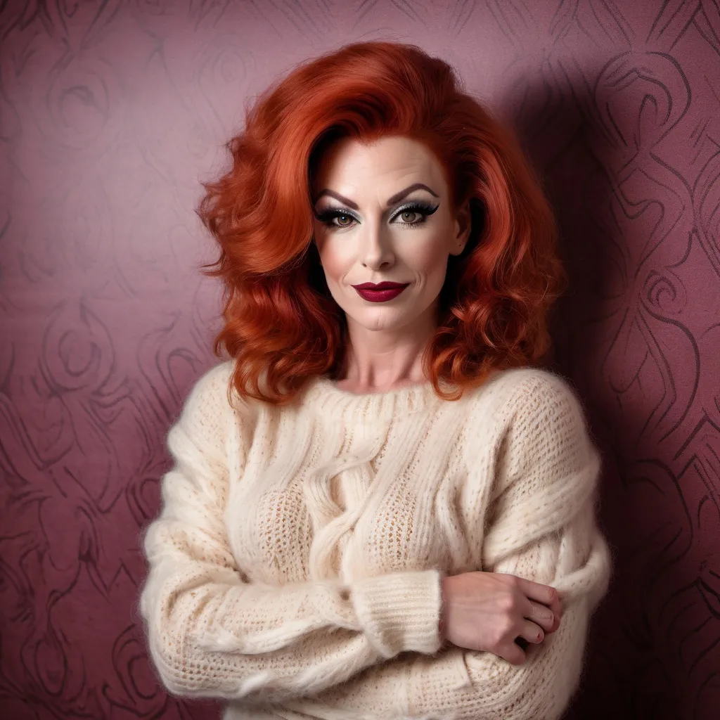 Prompt: Gorgeous muscular 35-year-old red-headed French drag queen in a modern home, against a wall with wallpaper and furniture background
wearing long cable knitted angora mohair sweater , (extremely fluffy:1.8) angora mohair sweater, from side, looking at viewer, smile, (full lips:1.8), dark red lipstick, daek eyeliner, dark makeup, 8k, very detailed, green eyes, very detailed eyes,
source_real, raw, photo, amateur, french drag queen, Close-Set Eyes, [eyecolors violet], full lips, high cheekbones, weak receding chin, burgundy, lob, light blue, lip gloss, __15JeweleryMaterials__ __14Piercing__, large busom,  gorgerous, outdoor, portrait, , highly detailed, detailed skin, depth of field, film grain
(photorealistic) (bokeh) (intricate details) (cinematic lighting) (sharp focus)
