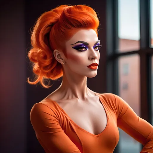 Prompt: (a strong and determined gorgeous drag queen (long updo dark orange hair, strong masculine jawline and brow)), ballet pose, focused expression, vibrant background, bright and uplifting colors, warm and optimistic atmosphere, stylish yet modest clothing (long muscular legs), representing hard work and perseverance, soft lighting enhancing emotions, conveying love, high-quality, ultra-detailed, heartwarming scene.