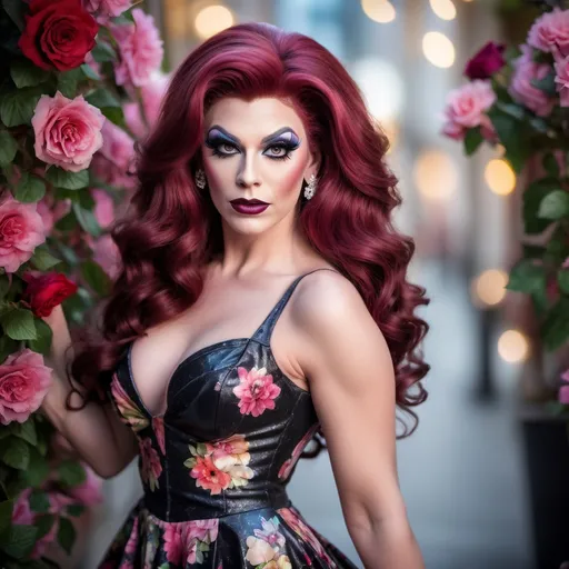 Prompt:  Glamour photography of a handsome man DRESSED UP AS a gorgeous 25-year-old DRAG QUEEN (with long wavy dark red hair, beautiful makeup and dark lipstick) in a casual floral dress and 8 inch stiletto high heel shoes with a big busom busom, bokeh