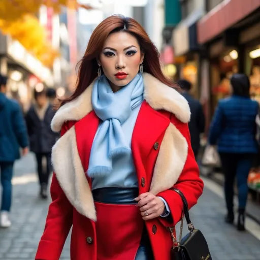 Prompt: Front view of an 25-year-old, muscular, gorgeous Japanese drag queen bodybuilder (very strong masculine jawline and brow features), elegant red wool coat with faux fur trim, light blue blouse, navy blue skirt, black leather stiletto high heel boots, vibrant yellow & orange silk scarf, navy shoulder bag, walking through a bustling Ginza Market in Tokyo, surrounded by colorful autumn leaves, bright sunlight casting warm tones, capturing the lively atmosphere of the marketplace, high detail & quality, 8K, professional photography.