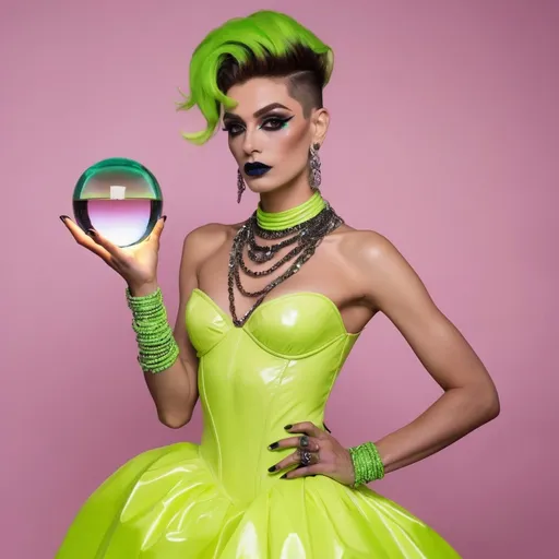 Prompt: a gorgeous muscular 25-year-old French drag queen (with masculine facial features) with dark eyeshadow,  dark lipstick, and orange updo hair, wearing a neon green Coco Chanel dress holding crystal ball filled with lightning, Ayshia Taşkın, private press, hourglass slim figure, a pastel