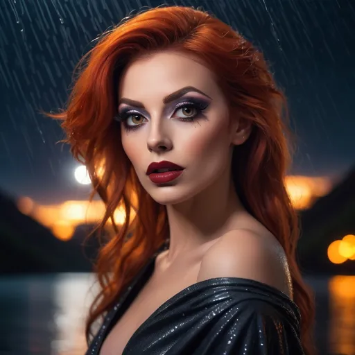 Prompt: epic masterpiece, at (night:1.8) with (hyper detailed:1.5), gorgeous, 25-year-old, Polish drag queen supermodel, looking at camera, dark orange hair, dark eyeshadow and dark red lipstick, Insanely detailed, backlit, bokeh, face turned upwards to the sky, blushing lightly with mouth open, she has an orange diaphanous flowing transparent long shawl draped about her shoulders and upper arms, midnight, a calm lake in ((pouring rain:1.4)), surrounded by high cliffs covered in shadows, breathtaking starry night sky, galaxies, nebula, tiny fireflies floating in the air, 8k photo, HDR, masterpiece, fine details, natural beauty, breathtaking, captivating, fine details, sharp, very detailed, high resolution, close up, taken with a Hasselblad H6D-100c, Hasselblad Zeiss Sonnar F 150mm f/2.8 lens, Godox SK400II Professional Compact 400Ws Studio Flash, sharp focus, fine details, 5 flash set up, Ring light for catchlight eyes, Award winning photography, pro lighting, realistic, realism