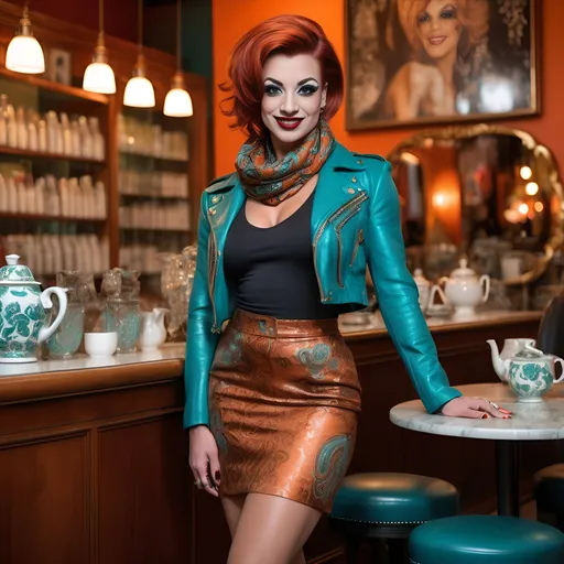 Prompt: Stunningly beautiful muscular 25-year-old French drag queen bodybuilder, (dark eyeshadow and dark red lipstick), short burnt orange hair in chic shag cut, smile, teal jacket, paisley scarf, white blouse, black leather knee-length skirt, fashion high heel boots, (elegantly standing) in a stylish tea shoppe, luxurious ambiance, warm lighting, ornate decor, exquisite details, inviting atmosphere, (high detail & quality), (8k resolution), photorealistic, pro photo, (high-end fashion).