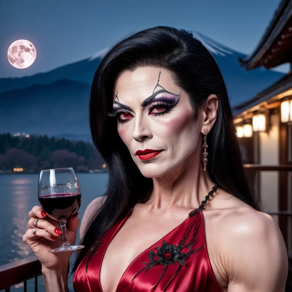 Prompt: Gorgeous muscular 45-year-old Greman drag queen (with strong masculine jawline) in a red gown, black hair, drinking blood wine at the balcony. She smirks in content and pleasure. Gothic style. Full moon. Lake Ashi with clear mount Fuji in the background. Winter time.