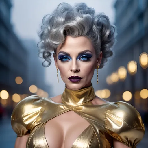 Prompt: (realistic image of futuristic French drag queen age-45), (muscular, pretty, curvy, muscular), light skin, (curly silver updo hair), blue eyes, (dressed in a gold dress), dark eye makeup, dark lipstick, posed flirty, futuristic city background, misty morning, (rich textures), (soft lighting), (ultra-detailed), 4k quality, opulent decor.