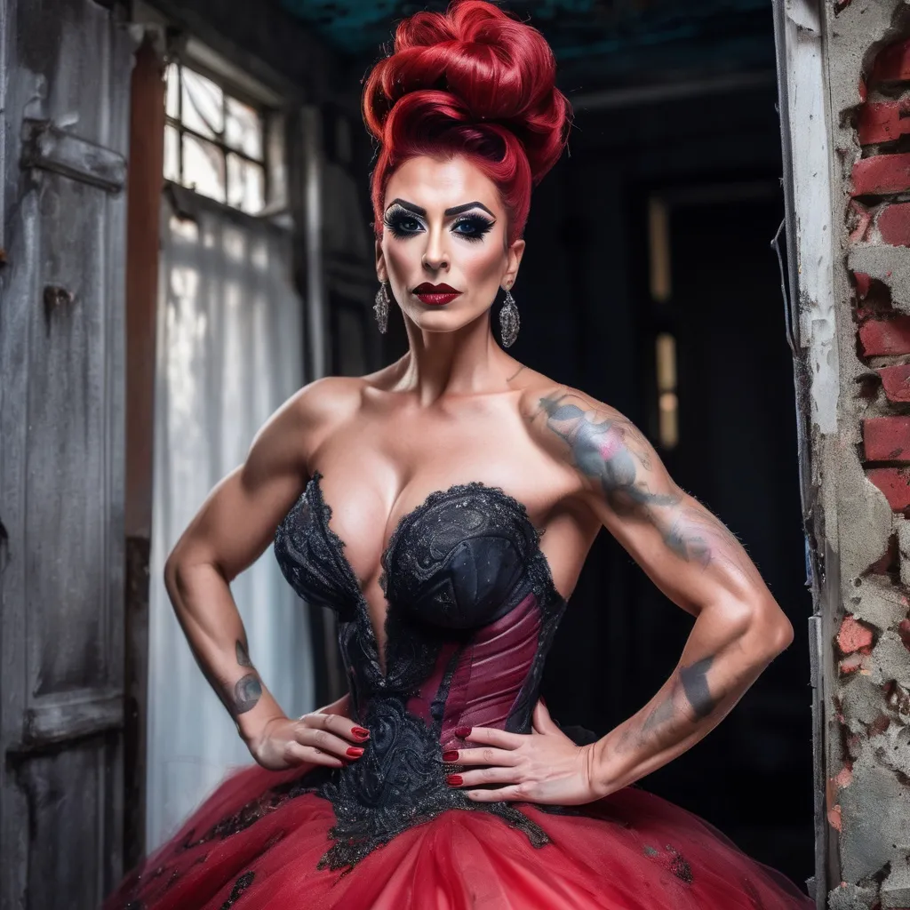 Prompt: Gorgeous muscular 35-year-old Turkish drag queen (masculine facial features) with bright red updo hair, dark eyeshadow, and dark lipstick wearing a Ball gown wedding dress in an old dilapidated house.