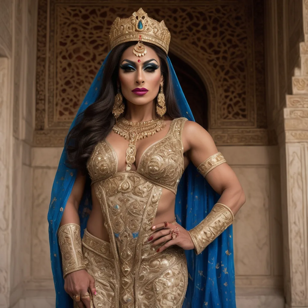 Prompt: A breathtakingly beautiful, muscular 35-year-old Pakistani drag queen bodybuilder princess from ancient times, standing gracefully in the majestic palace of the Taj Mahal. She wears an opulent, traditional Mughal-era royal outfit, intricately embroidered with gold and encrusted with precious gemstones. Her flowing silk dupatta shimmers under the soft moonlight, casting a mystical glow. Delicate henna patterns adorn her hands, and exquisite jewelry—bejewelled maang tikka, heavy gold necklaces, and shimmering bangles—enhance her regal elegance.

The palace is bathed in a dreamy, ethereal light, with the marble reflecting hues of silver, gold, and soft pastels. Floating flower petals drift through the air, carried by a gentle, unseen breeze. The atmosphere is infused with an enchanting, fairytale-like glow, as if the scene exists between dreams and reality. Wisps of golden mist swirl around her feet, and the sky above is illuminated by a crescent moon and twinkling stars. In the background, the silhouette of the Taj Mahal stands majestically, its domes glowing under the celestial light. The entire scene radiates an aura of romance, mystery, and divine elegance, as if touched by the gods themselves.