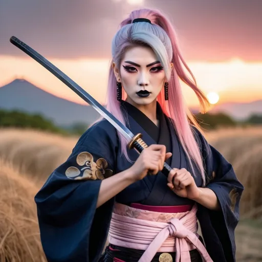 Prompt: A gorgeous muscular 21-year-old Japanese drag queen Samurai (dark eye makeup, dark lipstick, big busom, and platinum pink hair) wearing a traditional ancient Samurai yoroi and holding a katana in one hand, standing in a battle stance. 13th century Japan at sunset.