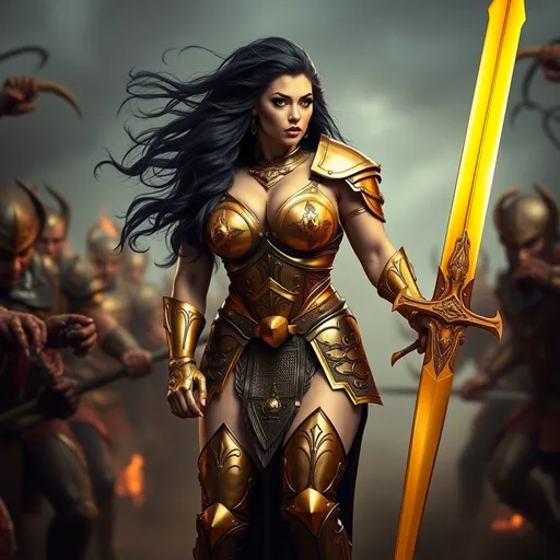 Prompt: Gorgeous ultra-muscular 25-year-old Baltic drag queen bodybuilder Warlord with large busom and long black shiny hair, wearing gold and bronze armor, 8 inch stiletto high heel armored boots, and carrying a golden longsword into a battle with demons.