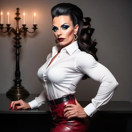 Prompt: Gorgeous ultra-muscular 35-year-old Italian drag queen bodybuilder, profile pose, long black shiny updo, blue eyes, symmetrical face, dark eye shadow, dark red lipstick, elegant lounge, white button-up blouse, bronze and red skirt, black 8 inch stiletto high heel shoes, professional lighting, high-res photo, elegant, professional, detailed, sophisticated, symmetrical face, profile pose, luxurious, feminine, high quality, elegant lounge, white blouse, dark gray skirt, black 8 inch stiletto high heel shoes, professional lighting