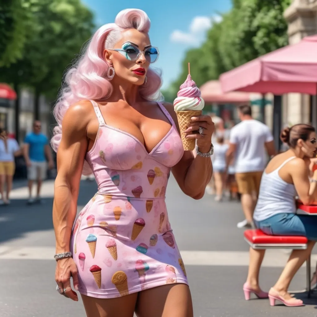 Prompt: photorealistic head to toe picture of gorgeous muscular 25-year-old French drag queen bodybuilder with large busom enjoying her ice cream on a hot day wearing a dress with cute shoes 