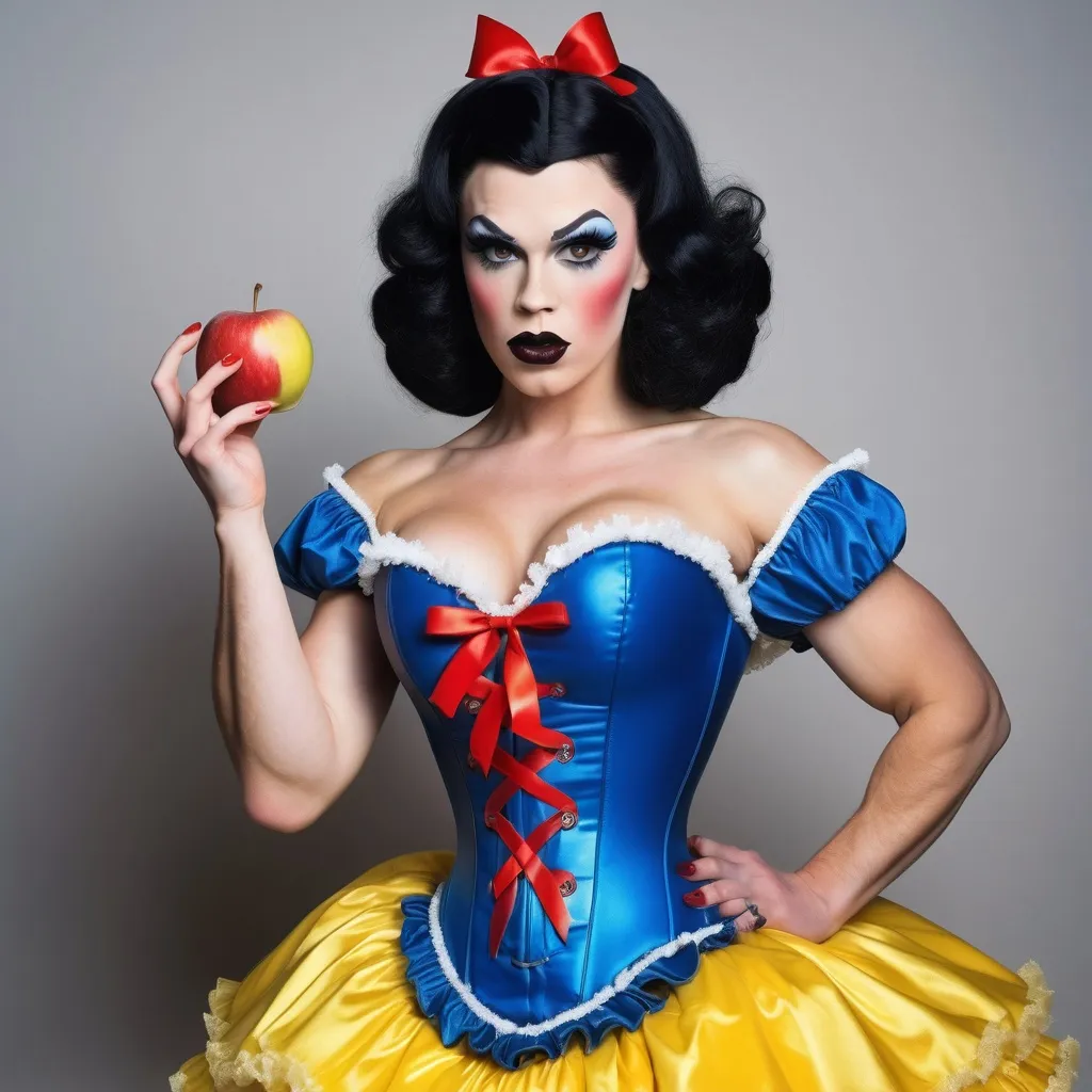 Prompt: Gorgeous ultra-muscular 25-year-old well endowed Finnish drag queen (strong masculine jawline and brow features) with dark eyeshadow,  dark lipstick, and ridiculously short shiny black hair dressed as Snow White with a yellow frilly dress, a blue & red corset, a red ribbon in her hair, and 8 inch stiletto high heel shoes.  Holding an apple in a quaint cottage.