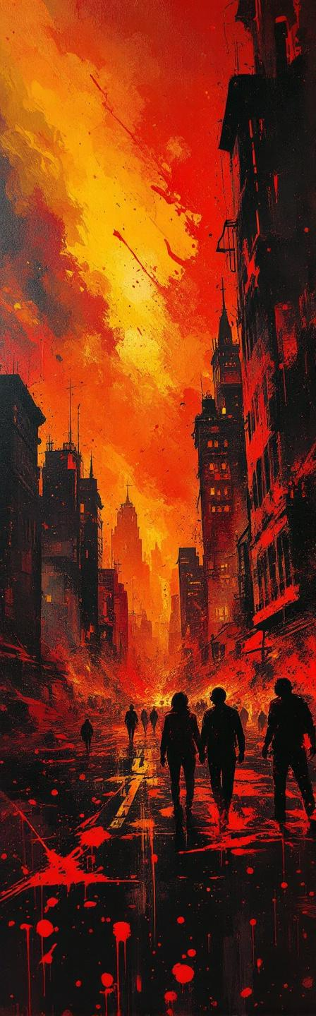 Prompt: Graffiti, splatter painting of a burning city destroyeds by a burning horror Phoenix
