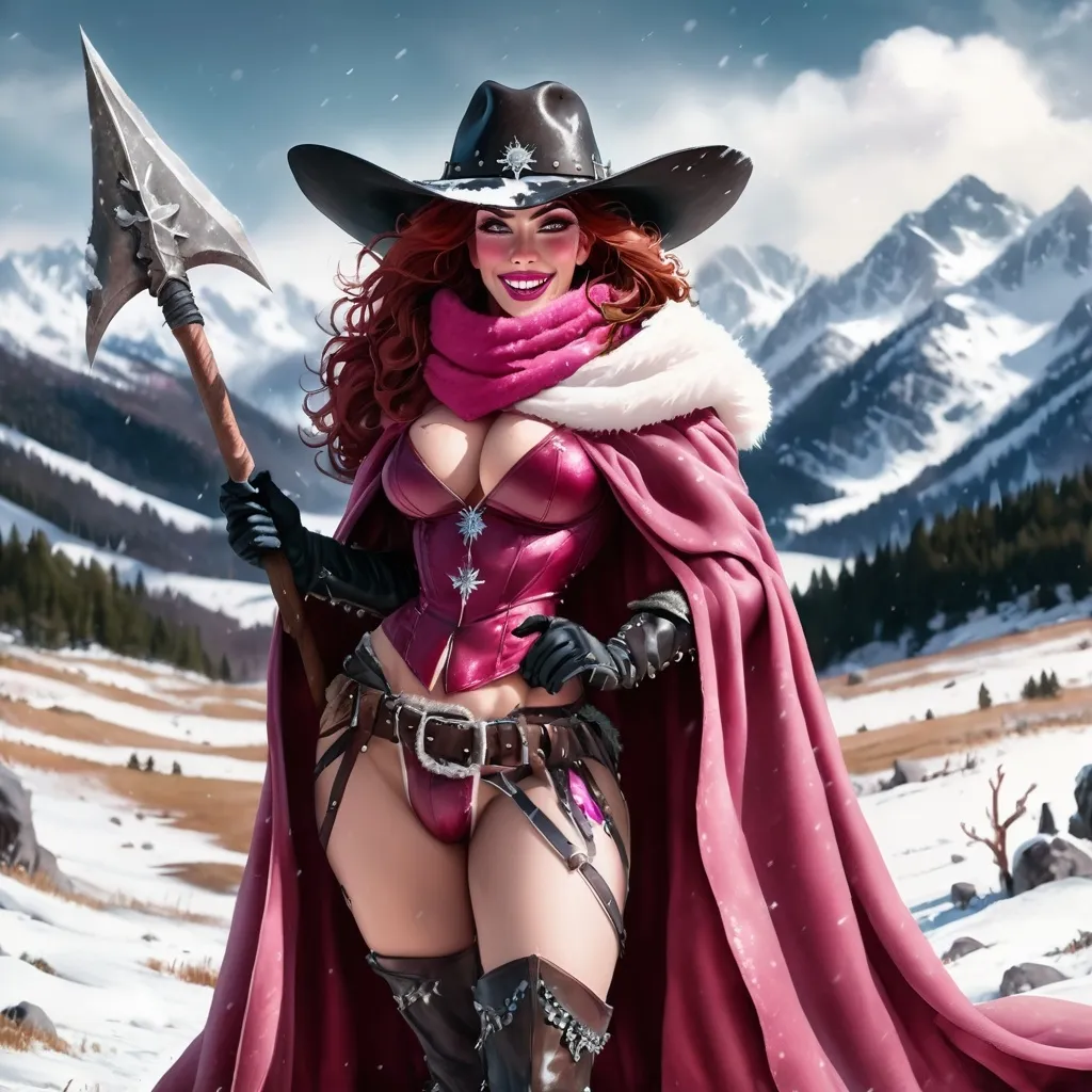 Prompt: A hi-res 8k hd digital photograph of a proud gorgeous rugged drag queen cowgirl with huge busom in winter snowy mountains. She is wearing a dark pink cloak lined with fur and a scarf over metal armor. She has ridiculously long wavy dark red hair and a black cowboy hat. She is holding a halberd. It is snowing and windy. She is smiling. Cowboy hat.