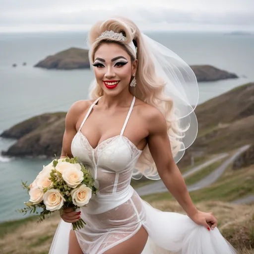 Prompt: Cute and glamorous 20-something Eurasian drag queen bodybuilder, very beautiful,
During a photoshoot wearing a sheer mini wedding dress, garter belt, and stiletto high heels
Hairband on her head
Smiling expression
Outfit that emphasizes her glamorous body
Large busom 
Holding a small bouquet in one hand.
Taking a photo on a windy seaside hill.
Skirt and veil blowing in the wind
Sitting on a bench with her muscular legs slightly spread
Thighs visible
Wearing a garter belt
