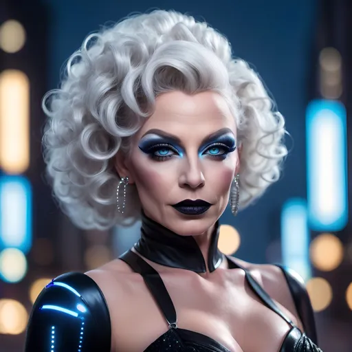 Prompt: (realistic image of futuristic French drag queen age-55), (muscular, pretty, curvy, muscular), light skin, (curly white updo hair), blue eyes, (dressed in a black dress), dark eye makeup, dark lipstick, posed flirty, futuristic city background, misty morning, (rich textures), (soft lighting), (ultra-detailed), 4k quality, opulent decor.