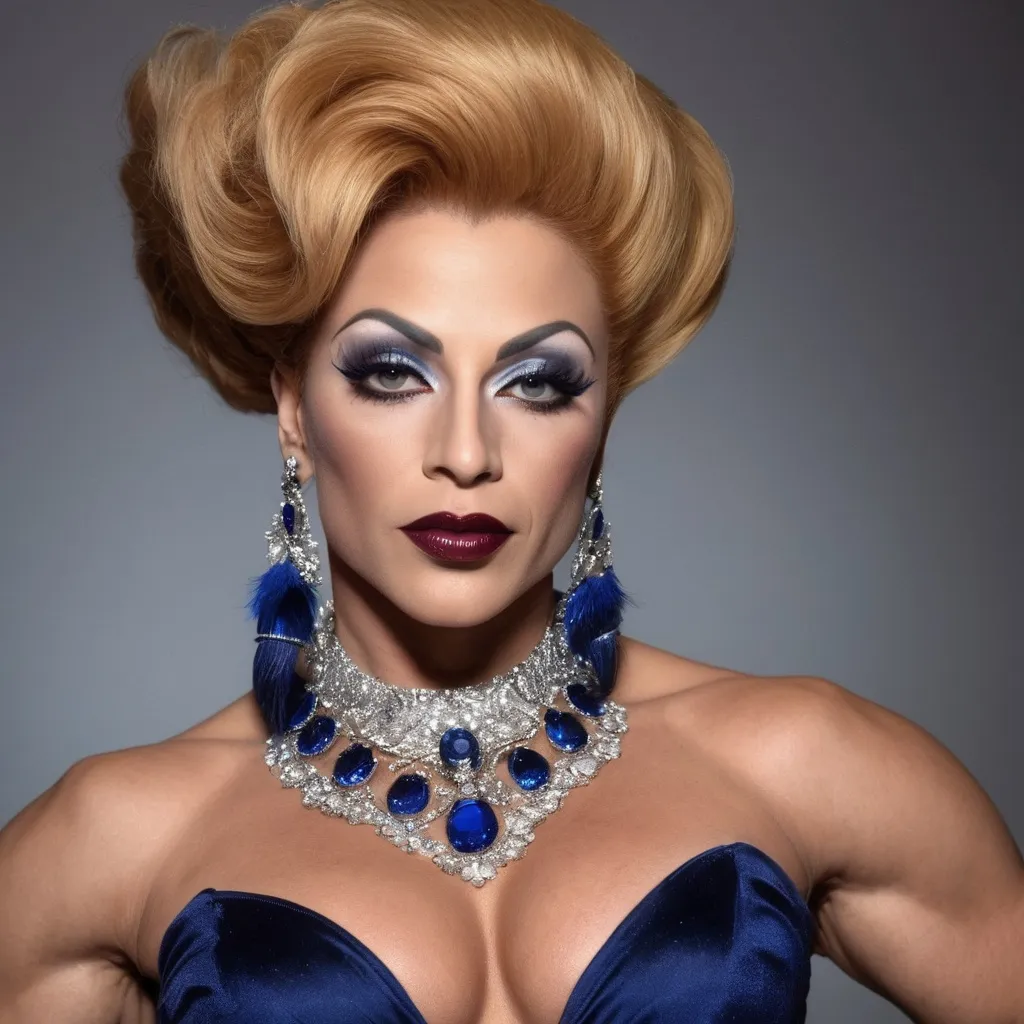 Prompt: Glamorously dressed gorgeous muscular 35-year-old olive-skinned Turkish drag queen bodybuilder (strawberry-blonde hair, dark lipstick, drag queen facial features) of the 1990s, adorned with exquisite sapphire jewelry, striking deep blue eyes, vintage fashion with elegant silhouette, intricate details in designer clothing,  luxurious ambiance, soft lighting.